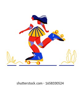 Cartoon cute flat girl big size roller skating. Enjoy active life. Vector illustration