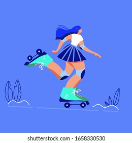 Cartoon cute flat girl big size roller skating. Enjoy active life. Vector illustration