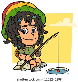 Cartoon cute flat sitting rastafarian boy character in jamaica hat with fishing rod. On yellow background. Vector icon.