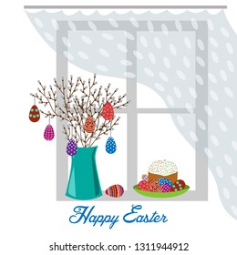 Cartoon cute flat vase with spring branches, painted eggs and easter cake on the window isolated on a white background with text. Vector illustration