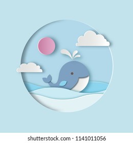 Cartoon cute flat whale with pink sun, white clouds and sea waves. Paper cut out style. Carving art. Vector illustration