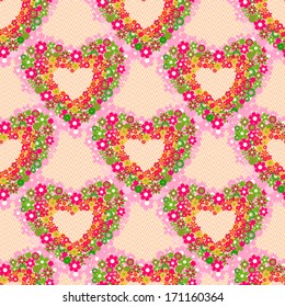 Cartoon Cute Floral Heart Seamless Background. Vector Valentine Pattern
