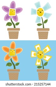 Cartoon cute flowers in pot - Vector clip art illustration on white background