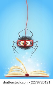 Cartoon cute fluffy nerd spider in eyeglasses reading shiny magic book with lights and sparkles