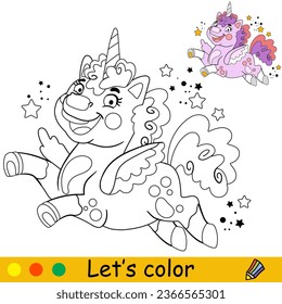 Cartoon cute fluffy unicorn with abstract background. Kids coloring book page. Unicorn character. Black and white vector isolated illustration with colorful template. For coloring, print, game, design