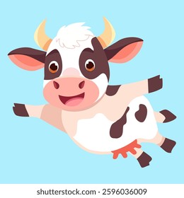 Cartoon of a cute flying cow on a blue background. Vector illustration of a happy and whimsical animal in the air, isolated on a sky backdrop