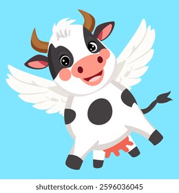Cartoon of a cute flying cow on a blue background. Vector illustration of a happy animal with wings in the air and isolated on a sky backdrop for a dairy or milk concept