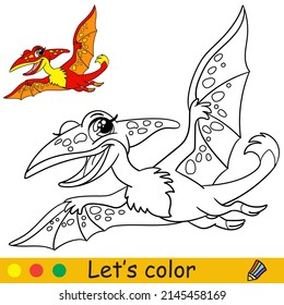 Cartoon Cute Flying Dinosaur Pterodactyl. Coloring Book Page With Colorful Template For Kids. Vector Isolated Illustration. For Coloring Book, Print, Game, Party, Design