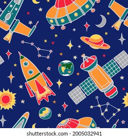 Cartoon cute flying spaceships on the background of the starry sky with planets. Colored seamless vector hand drawing.
