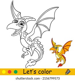 Cartoon cute flying yellow dinosaur pterodactyl. Coloring book page with colorful template for kids. Vector isolated illustration. For coloring book, print, game, party, design