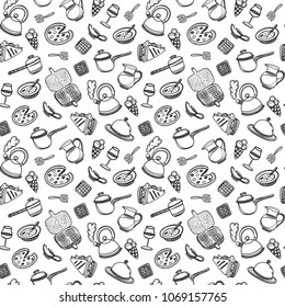 Cartoon cute food and kitchenware on white background. Seamless pattern. Linear coloring illustration. For zentangle book. Breakfast time