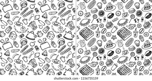 Cartoon cute food and kitchenware on white background. Seamless pattern. Linear coloring illustration. For zentangle book. Breakfast time