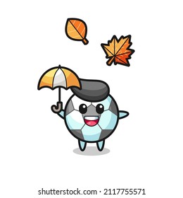 cartoon of the cute football holding an umbrella in autumn , cute style design for t shirt, sticker, logo element