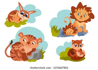 Cartoon Cute Forest Animals With Sleeping Baby. Family Set Of Brown Lion, Tiger, Fox And Rabbit Characters With Little Newborn Childs. Happy Mothers With Small Kids Flat Vector Illustration.