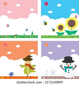 Cartoon cute four seasons landscape. Rural sky background with pink, blue, orange and purple color, countryside, cloudy weather. Backdrop wonderland banner. Vector, illustration, EPS10