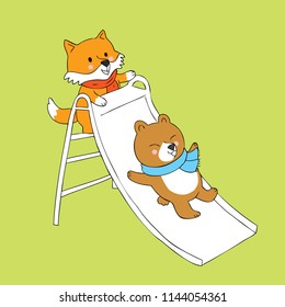 Cartoon cute fox and bear playing slider vector.