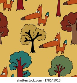 Cartoon cute fox character in trees seamless pattern