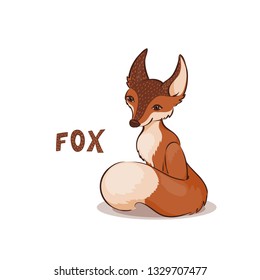 Cartoon cute fox cub sitting wrapped in a tail