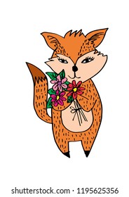 Cartoon cute fox with flowers