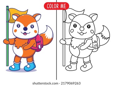 cartoon cute fox funny with flag coloring page or book for kids