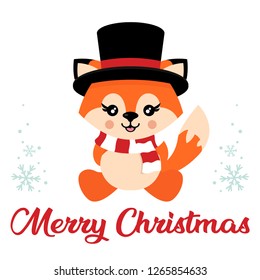 cartoon cute fox with hat and scarf vector sitting and christmas text