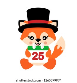 cartoon cute  fox with hat vector sitting and christmas calendar