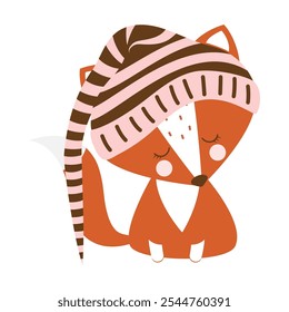 cartoon cute fox with in hat, winter design, flat vector illustration