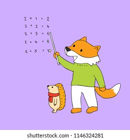Cartoon cute fox and hedgehog teaching math vector.