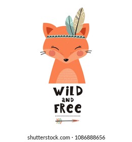 Cartoon cute fox illustration. Be wild, be brave