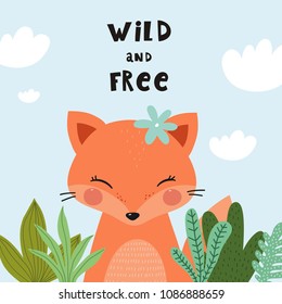 Cartoon cute fox illustration. Be wild, be brave