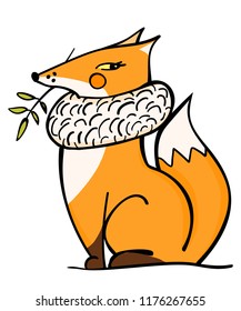 Cartoon cute fox on white background. Autumn animal. Vector illustration. Perfect for postcard, greeting card, print.