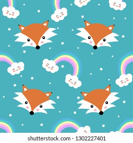 Cartoon cute fox and rainbow seamless pattern