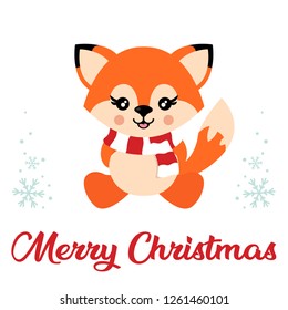 cartoon cute fox with scarf vector sitting and christmas text