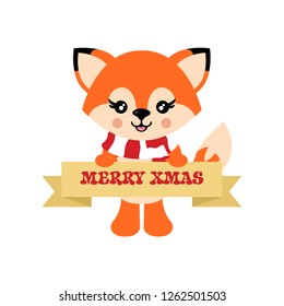cartoon cute  fox with scarf vector and christmas sign