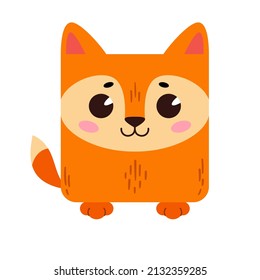 A cartoon cute fox with a square shape. Square icon for apps or games. Vector illustration isolated on white background