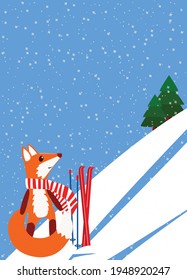 Cartoon cute fox in a striped scarf with skis at the foot of the mountain. Design for motivational postcard, poster, banner, poster