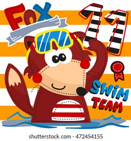 Cartoon cute fox swimming with diving goggles on lined background illustration vector.