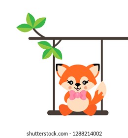 cartoon cute fox with tie on a swing and on a branch