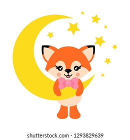 cartoon cute fox with tie on the moon