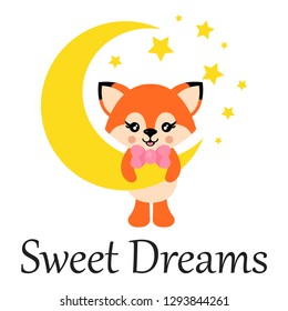 cartoon cute fox with tie on the moon and text