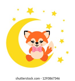 cartoon cute fox with tie sits on the moon