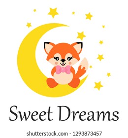 cartoon cute fox with tie sits on the moon with text
