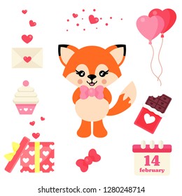 cartoon cute fox with tie vector and valentines day element