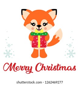 cartoon cute  fox vector and christmas present and christmas text