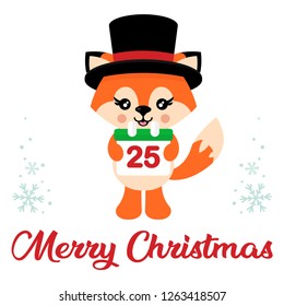 cartoon cute fox vector with hat and christmas calendar and christmas text