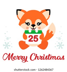 cartoon cute  fox vector sitting and christmas calendar and christmas text