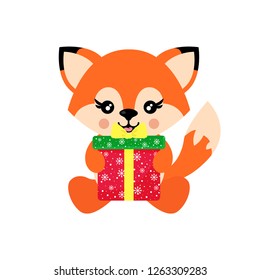 cartoon cute  fox vector sitting and christmas present