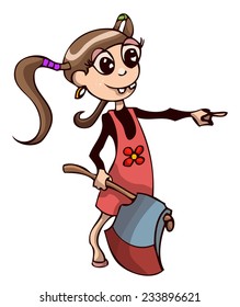 Cartoon Cute Frantic Looking Stylized Little Girl with an Axe pointing in a Random direction, Vector Illustration isolated on White Background, Outlines available on separate Layer.