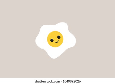 Cartoon Cute Fried Egg Smiles. Vector card. Kawaii Flat Vector Illustration.