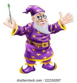 A cartoon cute friendly old wizard character holding a wand